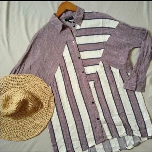 Topshop Striped Side Slits Tunic Button Up Front Shirt Womens Sz 4 Small - Picture 3 of 13